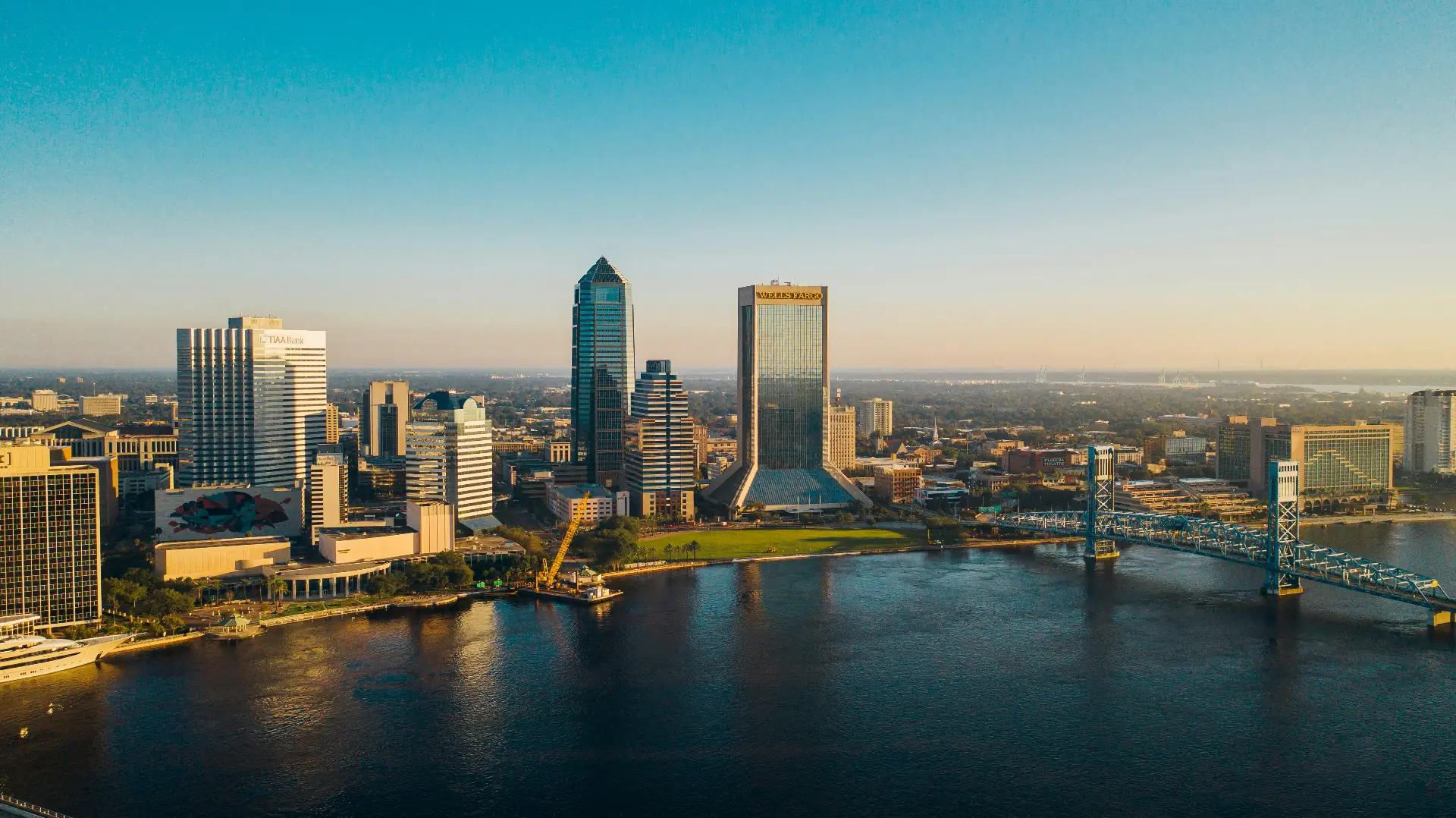 Aerial view of Jacksonville skyline and St. Johns River